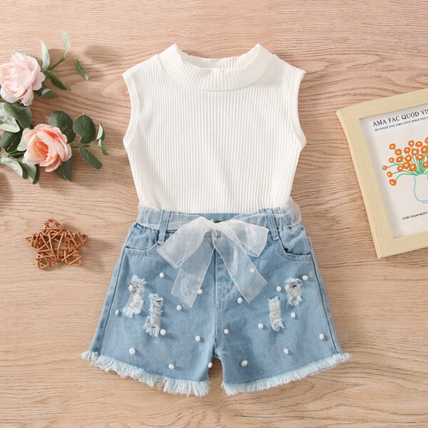 Liuliukd|Girls Sleeveless Knit Clothes Sets-White-Kids