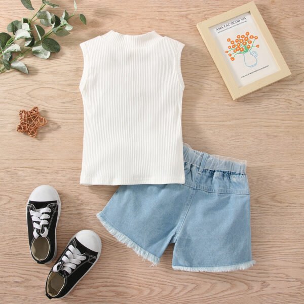 Liuliukd|2-6Y Baby Summer Clothes Solid Sleeveless Ribbed Tops Pearl Ripped Denim Shorts 2PCS Girls Clothing-White-Kids