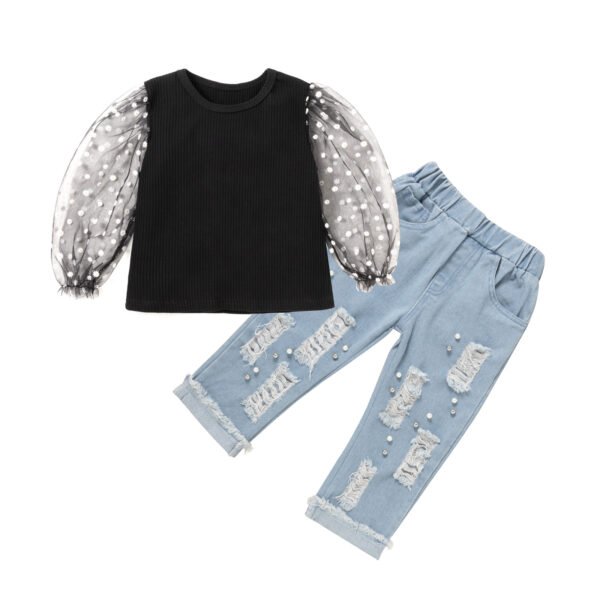 Liuliukd|Children Girls Ripped Jeans Set-black-kids