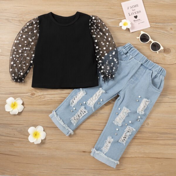 Liuliukd|Children Girls Ripped Jeans Set-black-kids1