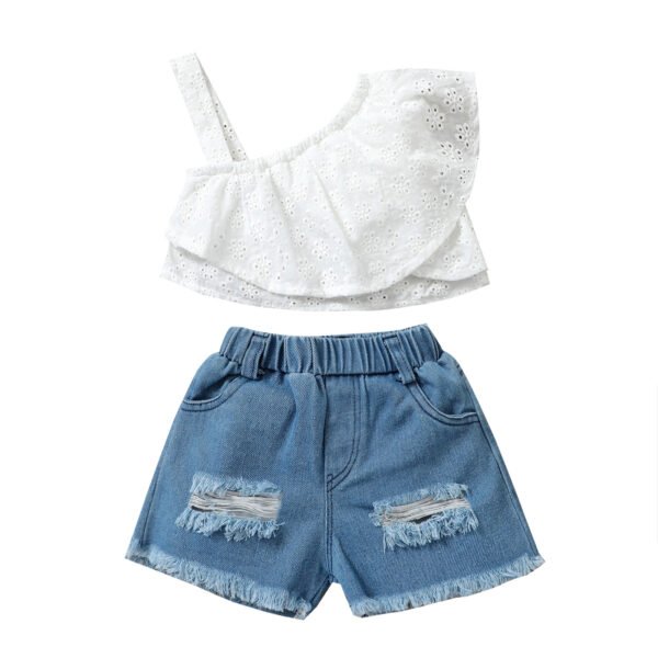 Liuliukd|Girls Summer Denim Shorts Set-white-kids