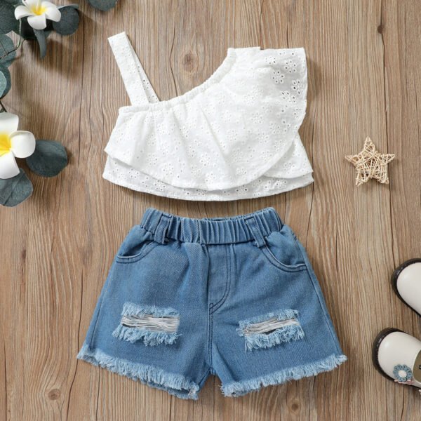 Liuliukd|Summer Girls Slant Shoulder Lace Top Ripped Denim Shorts Two-Piece Set-white-kids1