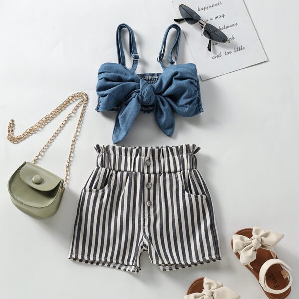 Liuliukd|Bowknot Vest Striped Shorts Girls Sets 2022-Blue-Kids