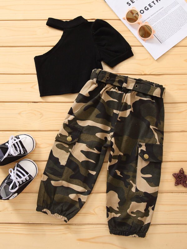 Liuliukd|Camouflage One Shoulder Girls Boutique Clothing-Black-Kids