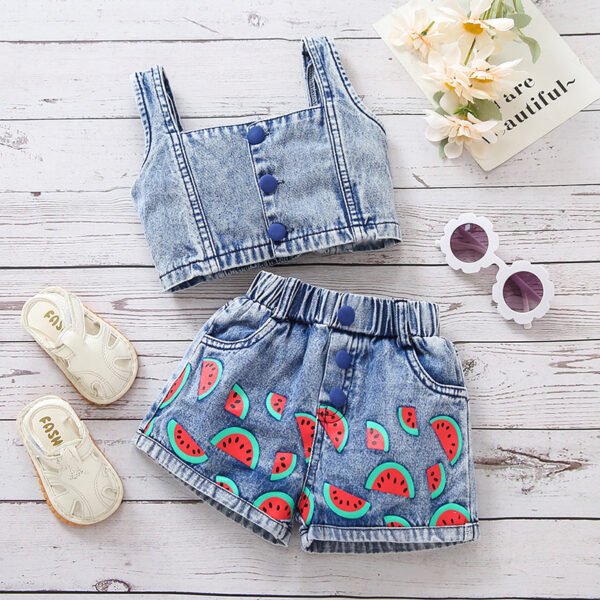 Liuliukd|Denim Vest Watermelon Shorts Kids Wear Girl-Blue-Kids