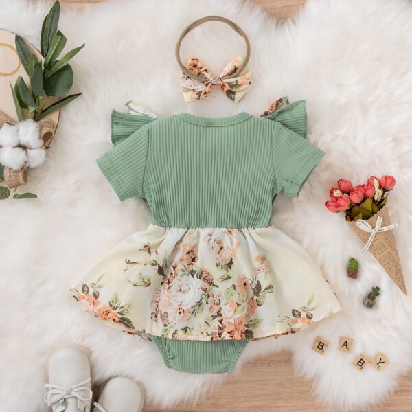 Liuliukd|Floral Bodysuit Headband Knitted Baby Romper-Green-Baby