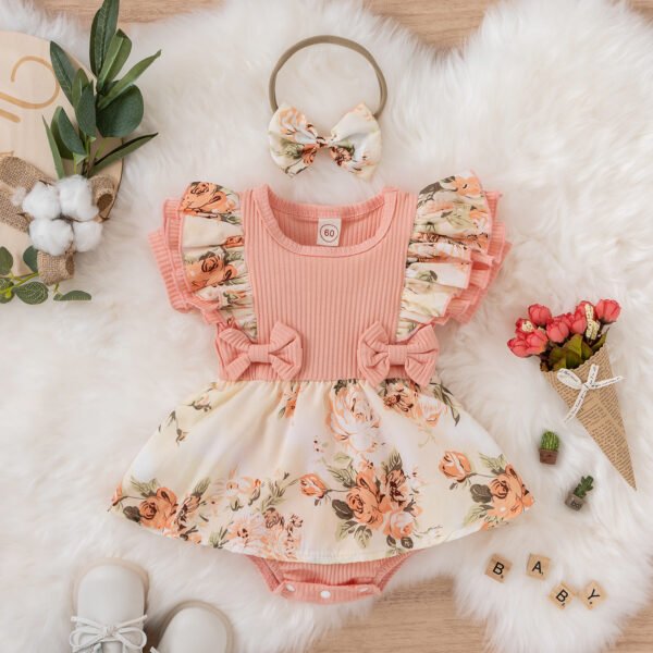 Liuliukd|Floral Bodysuit Headband Knitted Baby Romper-Pink-Baby