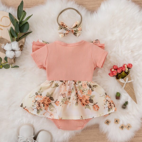 Liuliukd|Floral Bodysuit Headband Knitted Baby Romper-Pink-Baby
