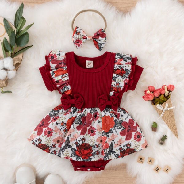 Liuliukd|Floral Bodysuit Headband Knitted Baby Romper-Red-Baby