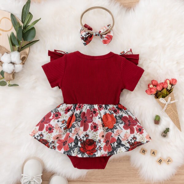 Liuliukd|Floral Bodysuit Headband Knitted Baby Romper-Red-Baby