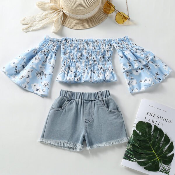 Liuliukd|Floral Off Shoulder Little Girls Clothing Set-Light Blue-Kids