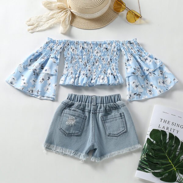 Liuliukd|Floral Off Shoulder Little Girls Clothing Set-Light Blue-Kids