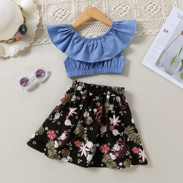 Liuliukd|Floral Skirt Kid Girls Clothing Set-Blue-Kids