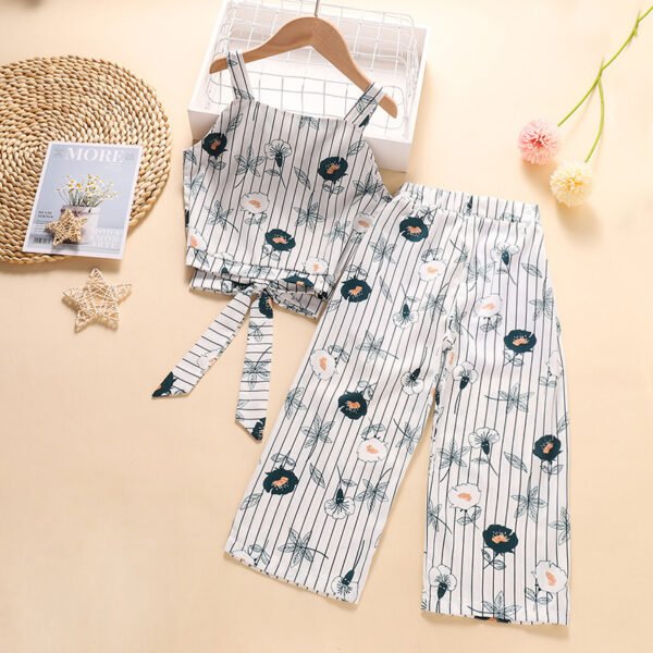 Liuliukd|Floral Striped Vest Trousers Kid Girls Clothing Set-White-Kids