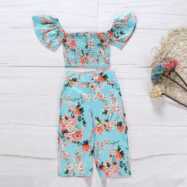 Liuliukd|Floral Wide Leg Pant Sets Little Girl Clothes-Blue-Kids