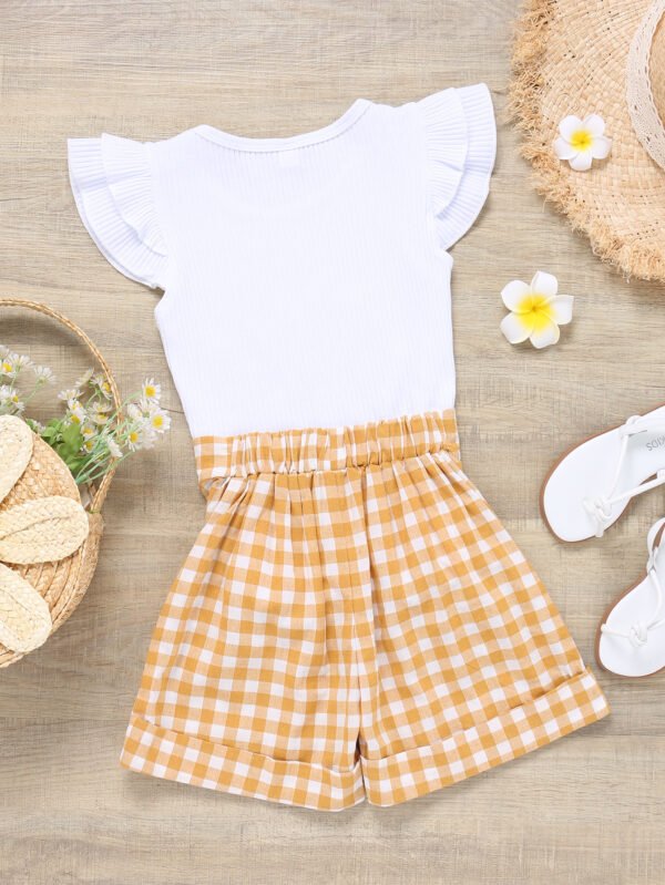 Liuliukd|Fly Sleeve Tops Plaid Shorts Little Girl Clothes Set-Yellow-Kids