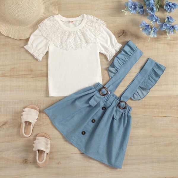 Liuliukd|Lace T Shirt Suspender Skirt 4T Girl Clothes Sets-Light Blue-Kids