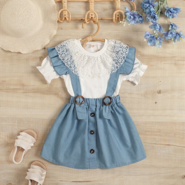 Liuliukd|Lace T Shirt Suspender Skirt 4T Girl Clothes Sets-Light Blue-Kids