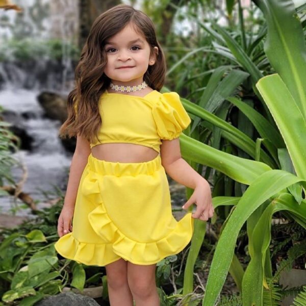 Liuliukd|Lantern Sleeve Skirt Sets Girl Children Wholesale Clothing-Yellow-Kids