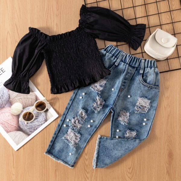 Liuliukd|Lantern Sleeve Top Ripped Denim Trousers Kids Suits-Black-Kids