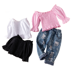 Liuliukd|Lantern Sleeve Top Ripped Denim Trousers Kids Suits-Kids