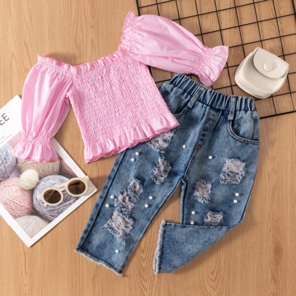 Liuliukd|Lantern Sleeve Top Ripped Denim Trousers Kids Suits-Pink-Kids