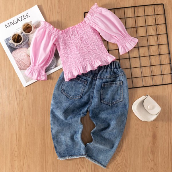 Liuliukd|Lantern Sleeve Top Ripped Denim Trousers Kids Suits-Pink-Kids