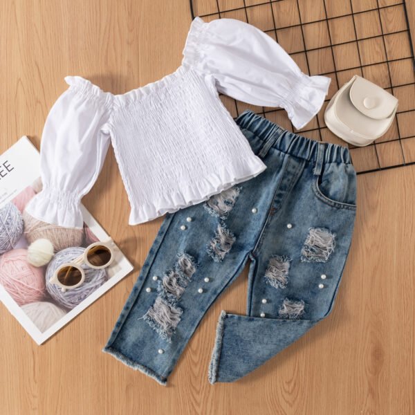 Liuliukd|Lantern Sleeve Top Ripped Denim Trousers Kids Suits-White-kids