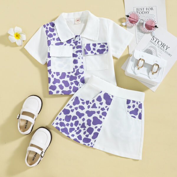 Liuliukd|Lapel Pocket Leopard Tops Color Matching Skirt Clothes Kids-Purple-Kids