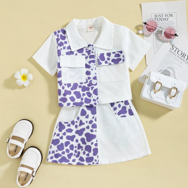 Liuliukd|Lapel Pocket Leopard Tops Color Matching Skirt Clothes Kids-Purple-Kids