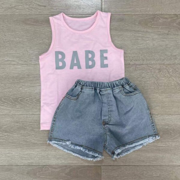 Liuliukd|Letter Sleeveless Tops Denim Shorts Kids Wear-Pink-Kids