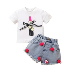 Liuliukd|Lipstick Print T Shirt Denim Shorts Girls Wear-Kids