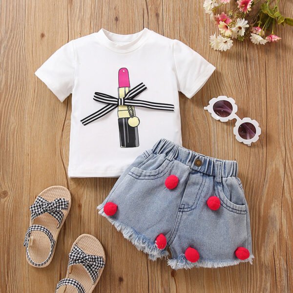 Liuliukd|Lipstick Print T Shirt Denim Shorts Girls Wear-White-Kids