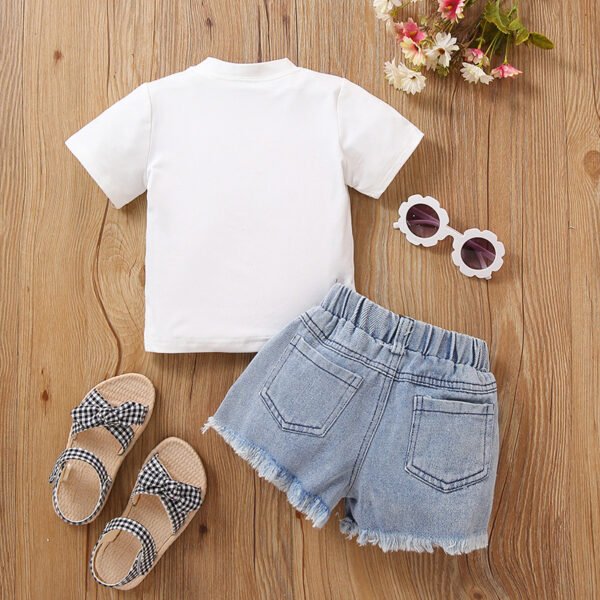 Liuliukd|Lipstick Print T Shirt Denim Shorts Girls Wear-White-Kids