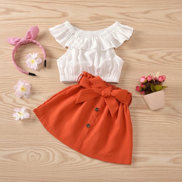 Liuliukd|Off Shoulder Tops Button Skirt Kids Clothes Girls-White-Kids