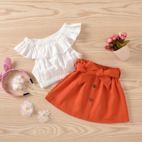 Liuliukd|Off Shoulder Tops Button Skirt Kids Clothes Girls-White-Kids