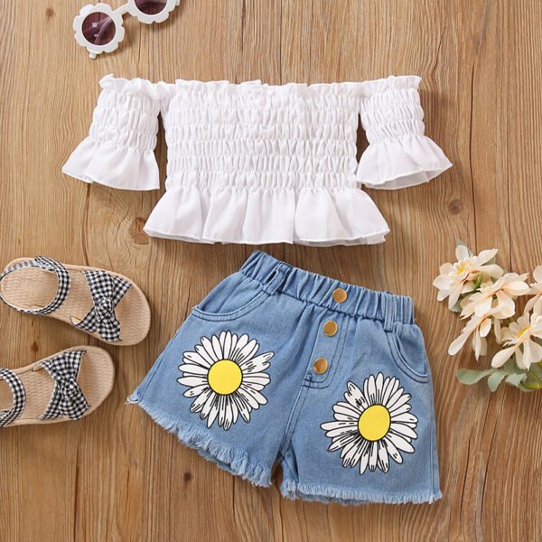 Liuliukd|Off Shoulder Tops Floral Denim Shorts Little Girl Fashion Clothes-White-Kids