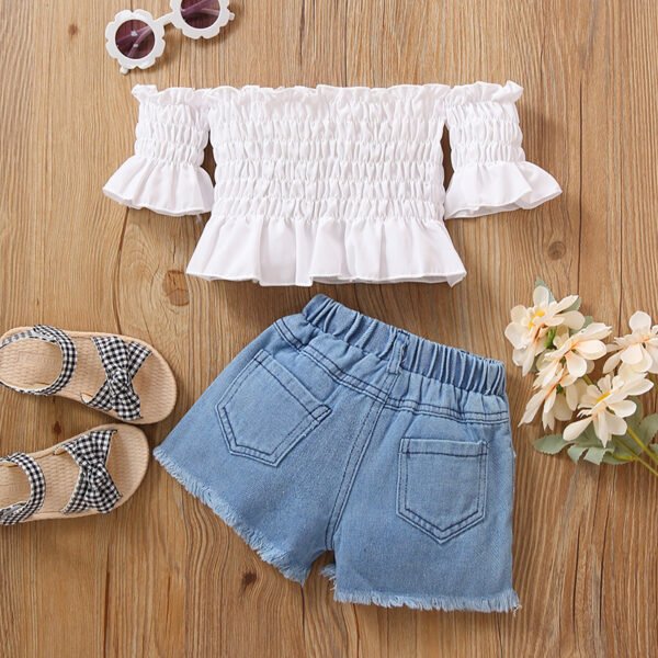 Liuliukd|Off Shoulder Tops Floral Denim Shorts Little Girl Fashion Clothes-White-Kids