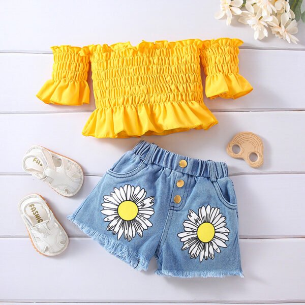 Liuliukd|Off Shoulder Tops Floral Denim Shorts Little Girl Fashion Clothes-Yellow-Kids