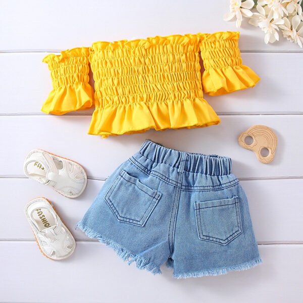 Liuliukd|Off Shoulder Tops Floral Denim Shorts Little Girl Fashion Clothes-Yellow-Kids