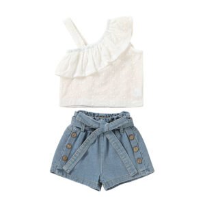 Liuliukd|One Shoulder Lace Tops Denim Shorts Girl Boutique Set-Kids