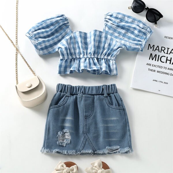 Liuliukd|Plaid Puff Sleeve Children Wear Girl-Blue-Kids