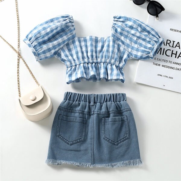 Liuliukd|Plaid Puff Sleeve Children Wear Girl-Blue-Kids
