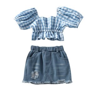 Liuliukd|Plaid Puff Sleeve Children Wear Girl-Kids