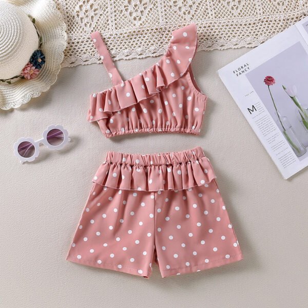 Liuliukd|Polka Dot One Shoulder Kids Clothing For Girls-Pink-Kids