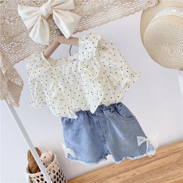 Liuliukd|Polka Dot Tops Denim Shorts Childrens Clothing Girls-White-Kids