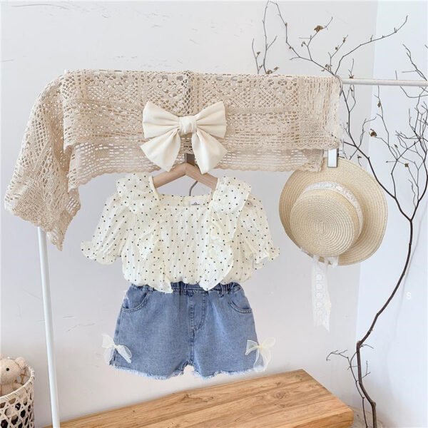Liuliukd|Polka Dot Tops Denim Shorts Childrens Clothing Girls-White-Kids
