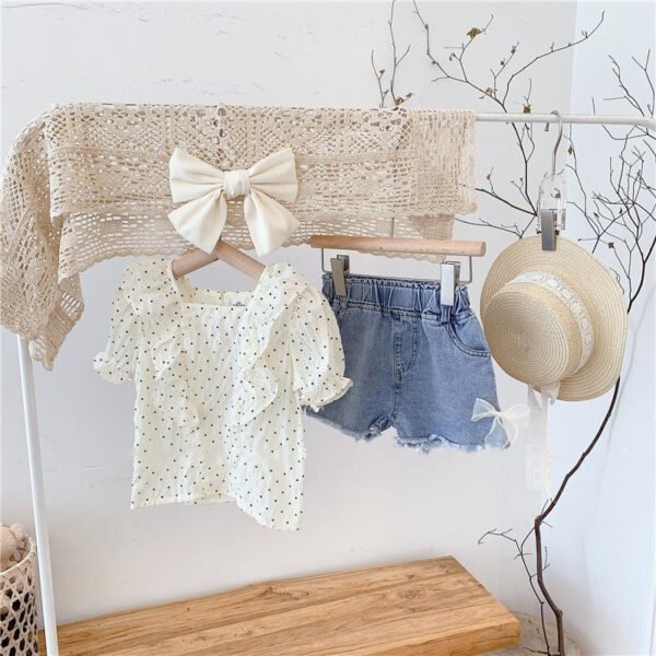 Liuliukd|Polka Dot Tops Denim Shorts Childrens Clothing Girls-White-Kids