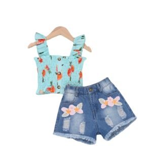 Liuliukd|Print Vest Denim Shorts Clothes For A Girl-Kids