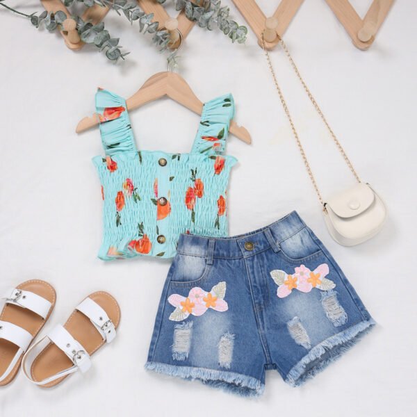 Liuliukd|Print Vest Denim Shorts Clothes For A Girl-Light Blue-Kids